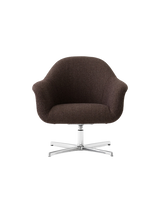 Front view of the Harbour Lounge Chair, upholstered in dark brown Baena fabric with a polished aluminium star swivel base.