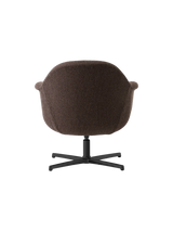 Back view of the Harbour Lounge Chair upholstered in dark brown fabric with a black four-legged star swivel base.