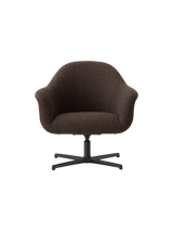 Front view of the Harbour Lounge Chair, upholstered in brown Baena 15 fabric, featuring a black aluminium star swivel base.